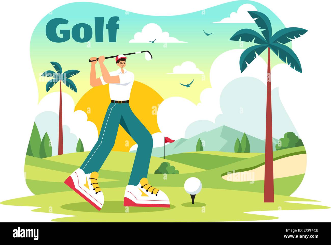 Illustration vectorielle de sport de golf avec drapeaux, panier, clubs, champ vert et bunker de sable pour le plaisir ou le style de vie en plein air dans un fond de dessin animé de style plat Illustration de Vecteur