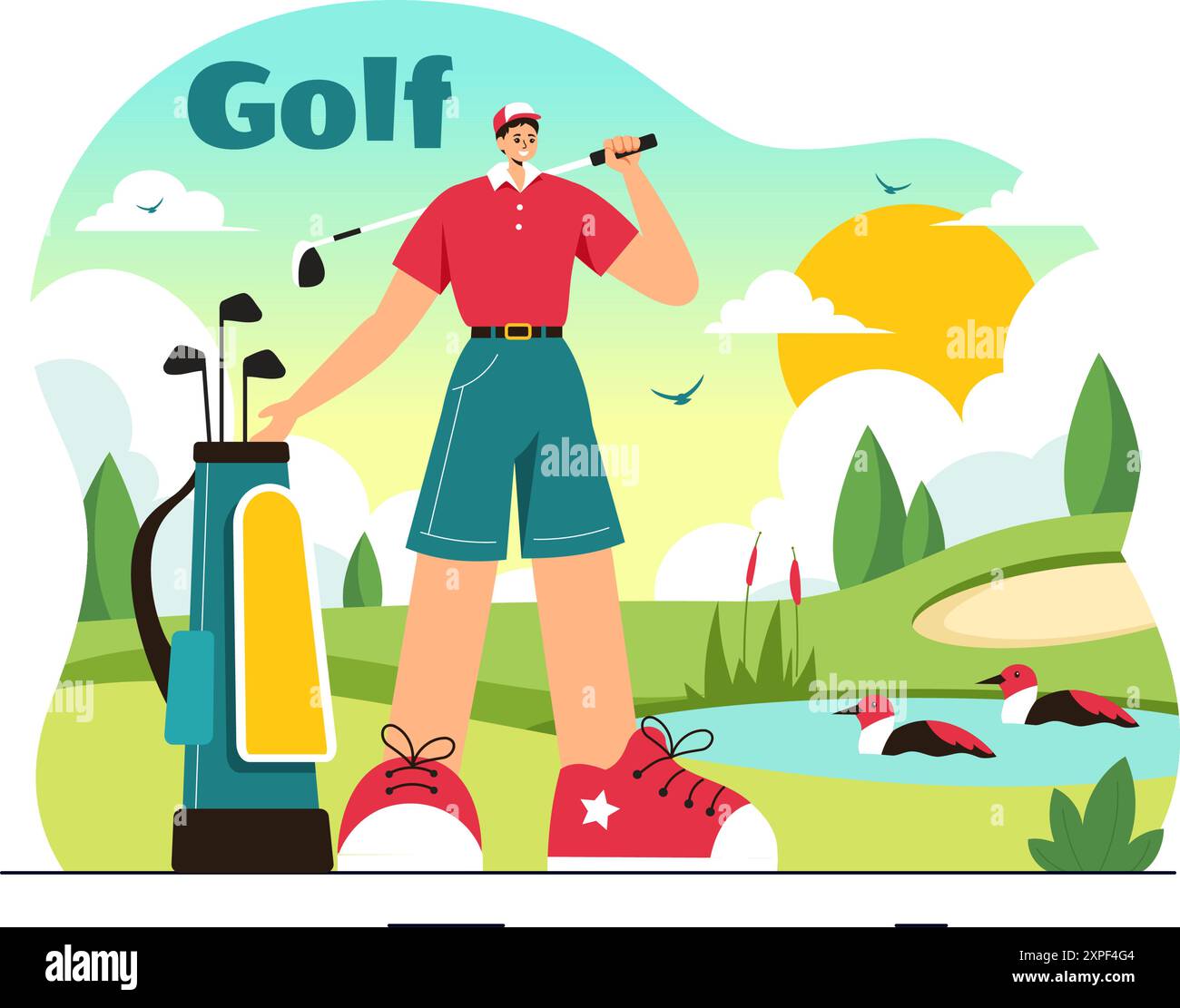 Illustration vectorielle de sport de golf avec drapeaux, panier, clubs, champ vert et bunker de sable pour le plaisir ou le style de vie en plein air dans un fond de dessin animé de style plat Illustration de Vecteur