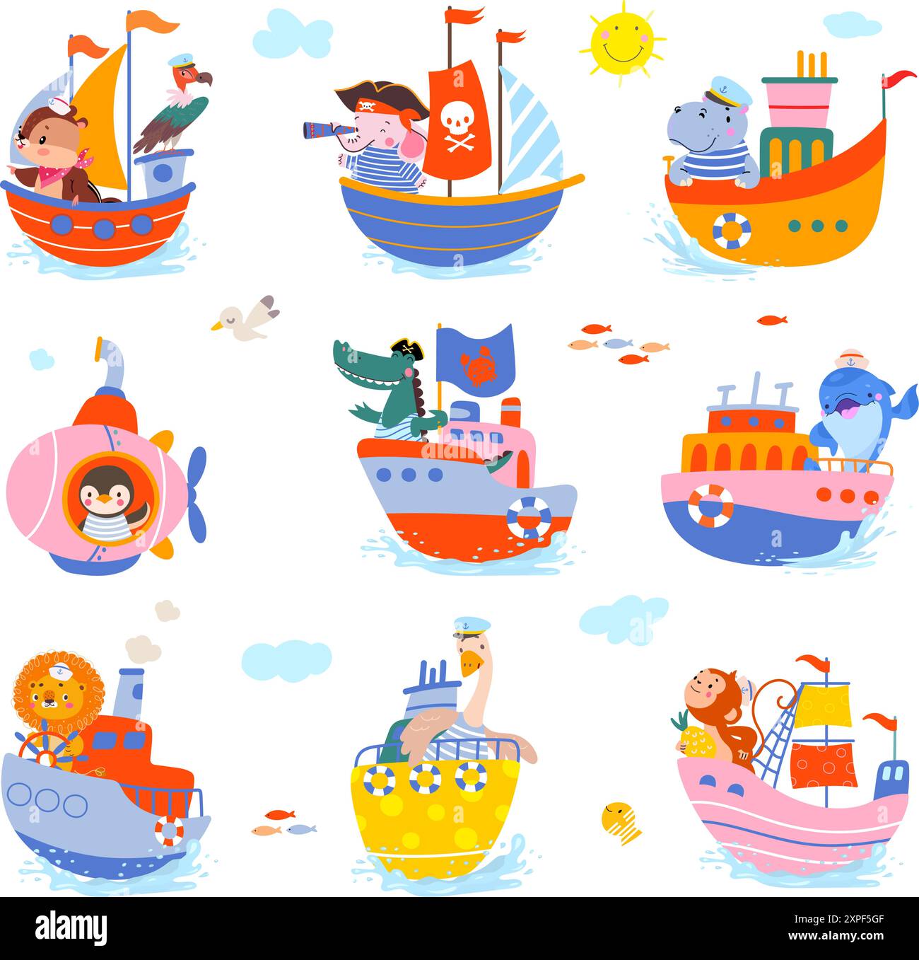 Animaux marins. Animal de bande dessinée drôle sur le sous-marin de yacht de bateau. Aventures océaniques, éléphant d'oie manchot lion et singe, ensemble vectoriel de nos jours Illustration de Vecteur