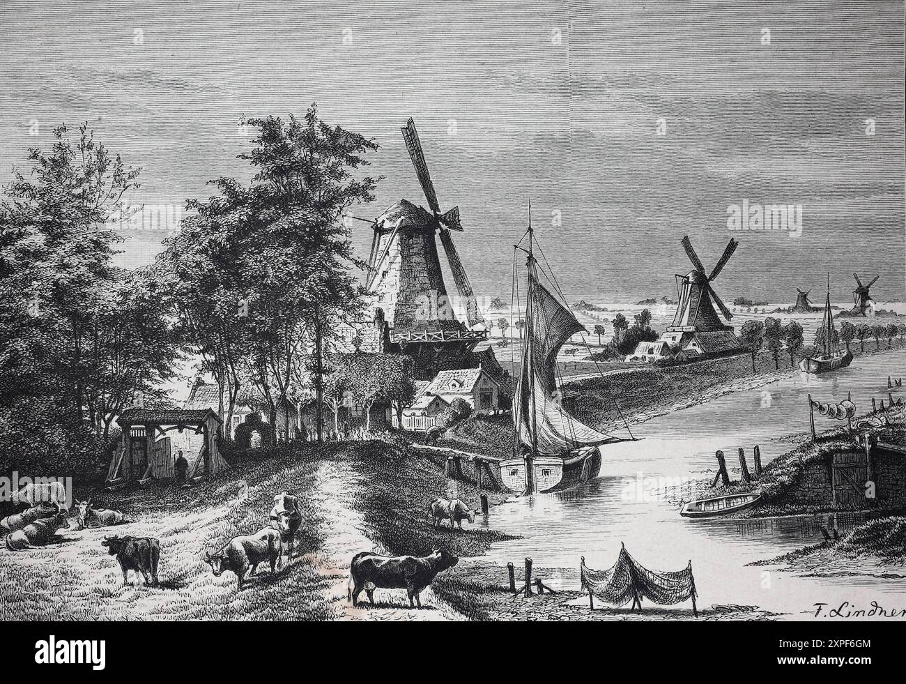 Windmühlen und Boote an einem Fluss in einer idyllischen ländlichen Landschaft mit Menschen und Tieren, Holland, Historisch, digital restaurierte Repr Banque D'Images