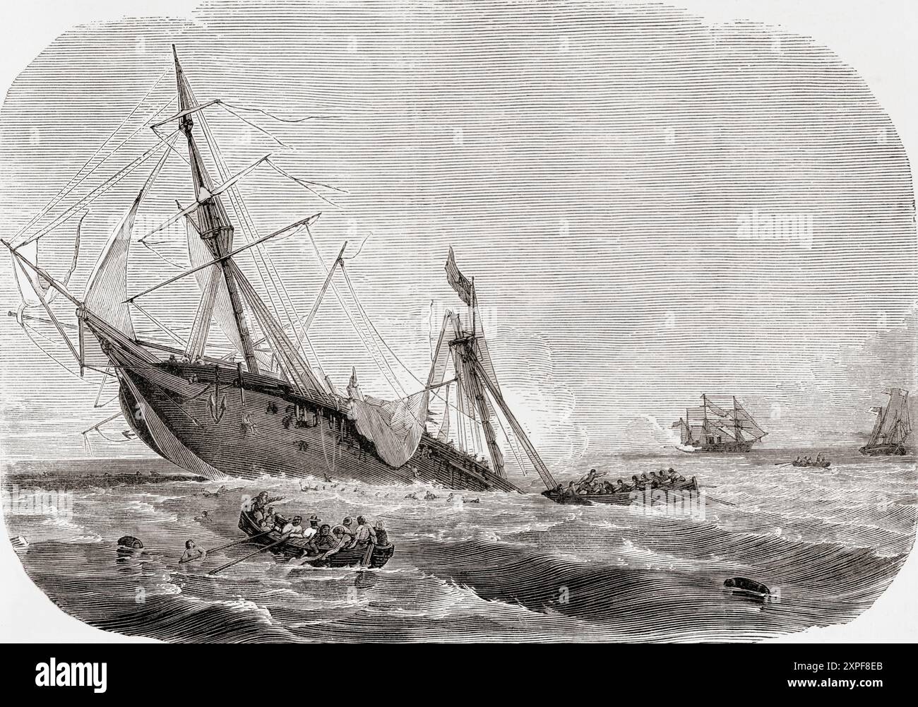 Le naufrage du bateau de commerce confédéré CSS Alabama par l'USS Kearsarge, un sloop de guerre de classe Mohican, au large de Cherbourg, en France, pendant la guerre de Sécession, 1864. Extrait de Cassell's Illustrated History of England, publié vers 1880. Banque D'Images