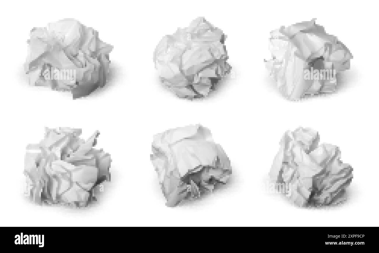 Boules de papier froissées réalistes. Feuilles de papier froissées, pages froissées ou documents. Éléments 3d de corbeille de bureau, aucun concept d'idées, ensemble vectoriel pieux Illustration de Vecteur