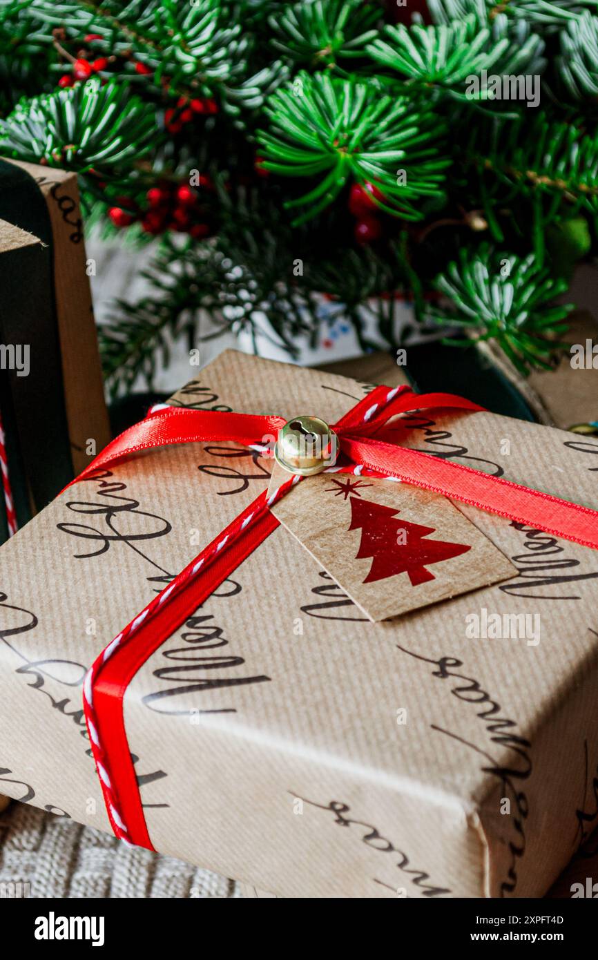 Cadeau de Noël enveloppé attaché avec ruban près des branches de sapin. Banque D'Images