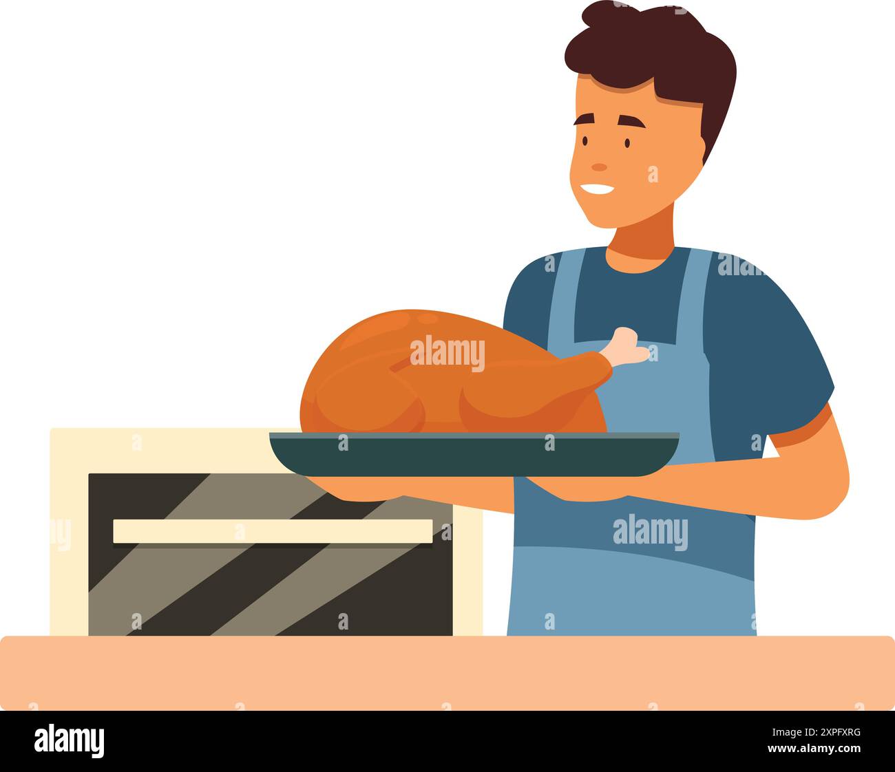 Le jeune chef tient une dinde rôtie sur un plateau près du four, prête à servir Illustration de Vecteur