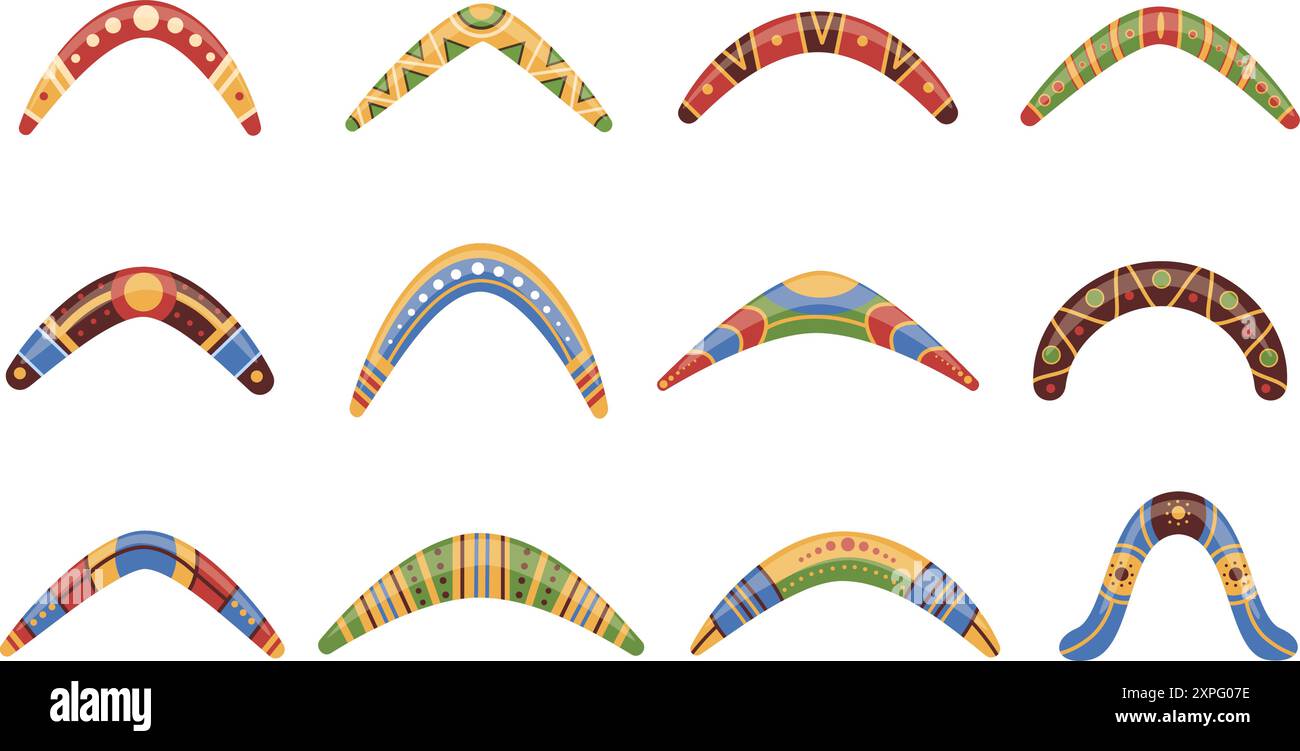 Boomerangs en bois. Icônes décoratives aborigènes australiennes du boomerang. Arme pour la chasse ou l'entraînement sportif, jouet de jeu actif, ensemble vectoriel de nos jours Illustration de Vecteur