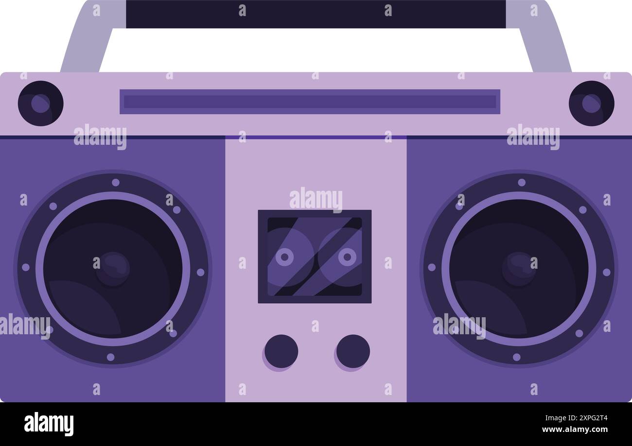 Boombox violet jouant de la musique avec une cassette à l'intérieur Illustration de Vecteur