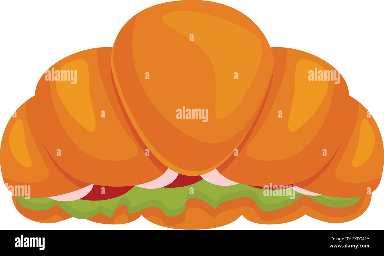 Croissant fraîchement cuit rempli de salade, tomates et oignons, parfait pour un petit déjeuner ou un déjeuner savoureux et pratique Illustration de Vecteur