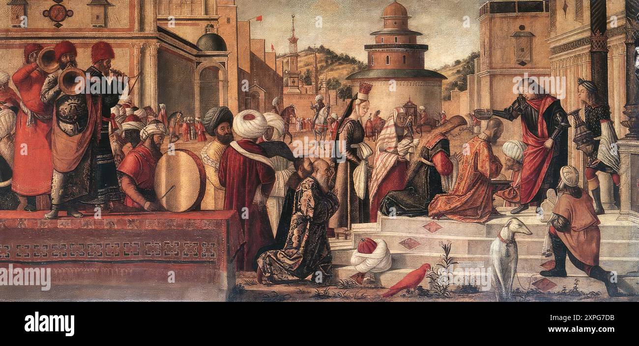 CARPACCIO, Vittore (né en 1472, Venezia, décédé en 1526, Capodistria) le baptême des Sélénites 1507 Tempera sur toile, 141 x 285 cm Scuola di San Giorgio degli Schiavoni, Venise épisode n° 6 de la série de sept peintures 'épisodes de la vie des saints Jérôme, Georges et Triphun'. Le niveau d'expression atteint dans les deux premières toiles de Schiavoni n'est pas égalé par les deux autres, qui ont probablement été peintes vers 1507, du moins selon la date sur le rouleau de la deuxième étape du baptême des Séléniens. Cette peinture contient certainement des détails d'une grande richesse de couleur, tels que Banque D'Images