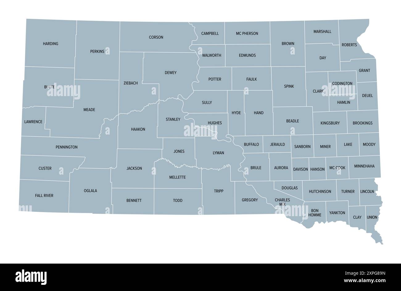 Dakota du Sud, État américain, subdivisé en 66 comtés, carte politique grise avec frontières et noms de comté. État de la région Centre-Nord des États-Unis. Banque D'Images
