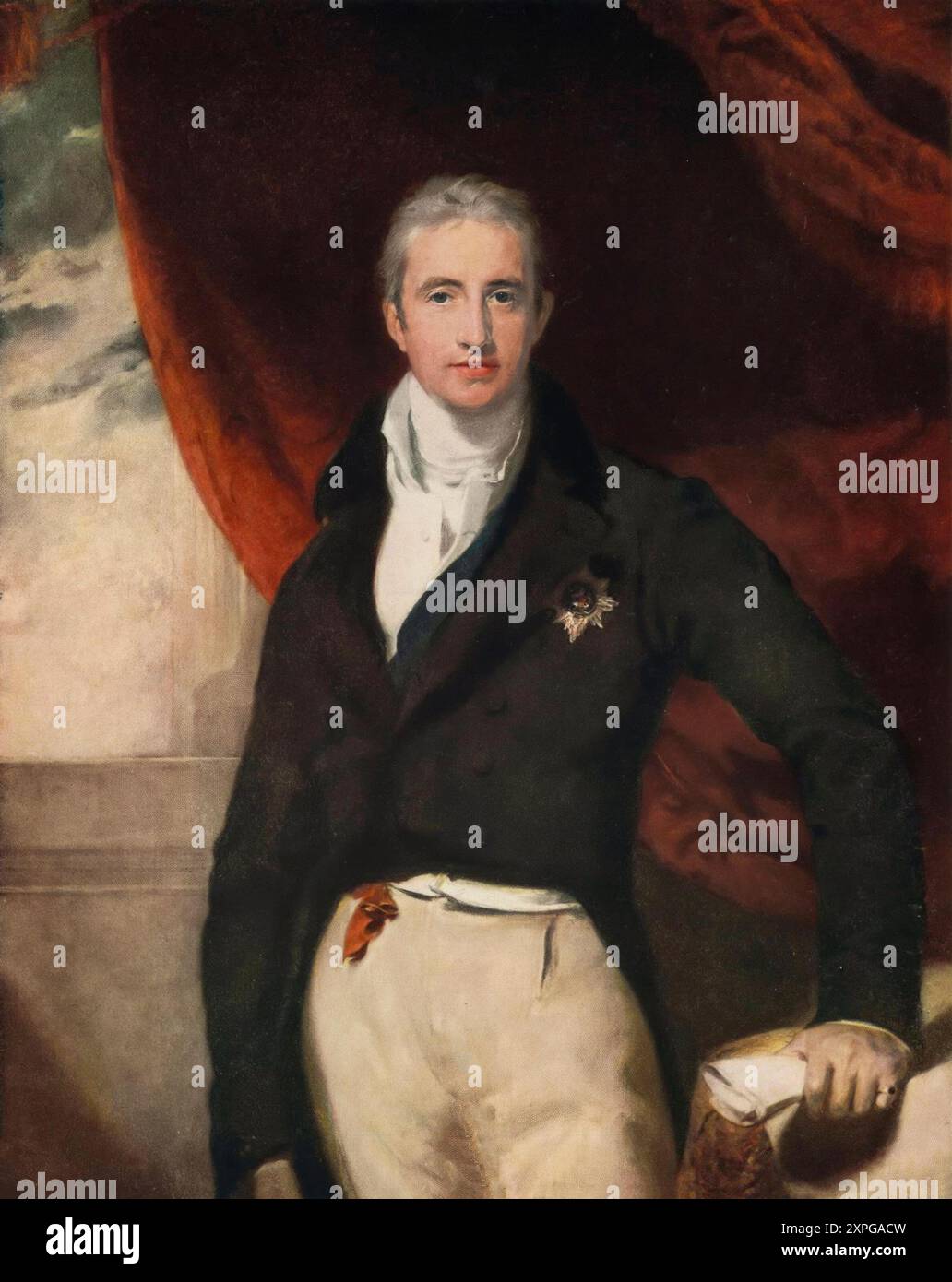 Une représentation de Robert Stewart, vicomte aka Lord Castlereagh, plus tard marquis de Londonderry 1769-1822 par Sir Thomas Lawrence (1769-1830). En tant que secrétaire du vice-roi en Irlande, il travailla à réprimer la rébellion de 1798 et à obtenir l'adoption en 1800 de l'Irish Act of Union, à la suite de quoi il occupa divers rôles ministériels. Après 1815, chez lui, Castlereagh soutint des mesures répressives qui le relièrent dans l'opinion publique au massacre de Peterloo en 1819. Largement vilipendé en Irlande et en Grande-Bretagne, surmené et personnellement affligé, Castlereagh se suicide en 1822. Banque D'Images