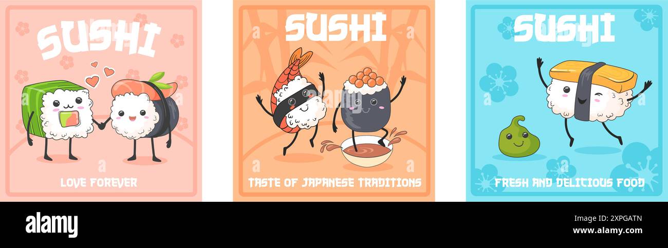 Affiche des rouleaux de sushi de dessin animé. Personnages mignons rétro de sushi de riz, affiche d'invitation de mascotte drôle de nourriture japonaise fruits de mer japon modèle de menu publicitaire de cuisine, illustrations vectorielles soignées graphiques d'auteurs Illustration de Vecteur