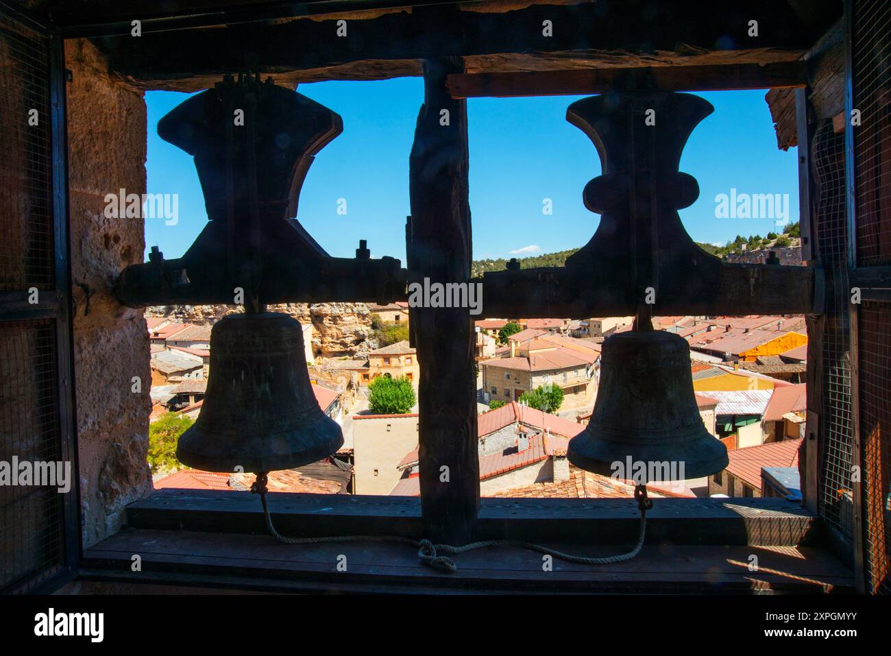 Vue depuis le clocher de l'église. Castillejo de Robledo, la province de Soria, Castilla Leon, Espagne. Banque D'Images