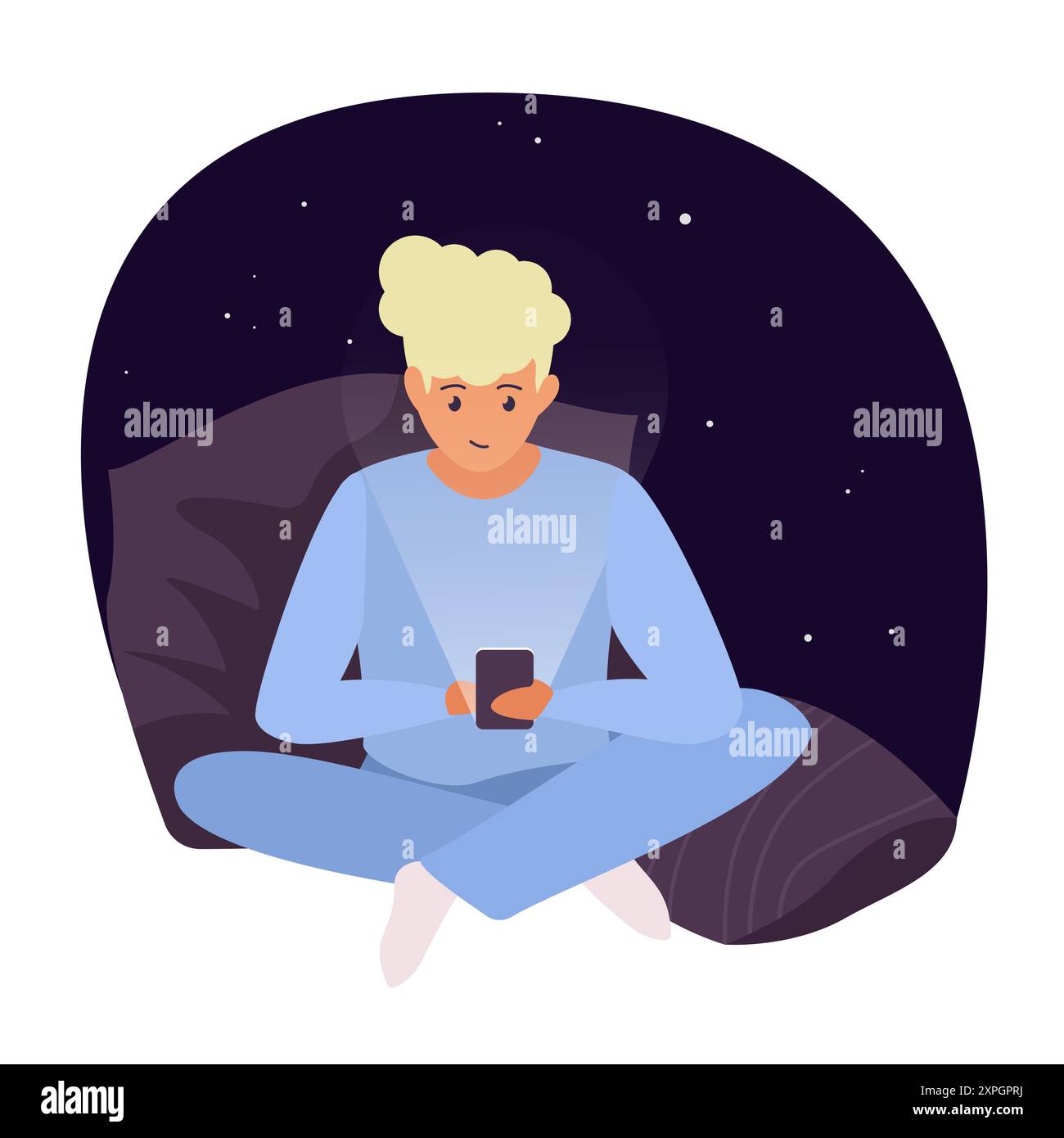 Une personne assise les jambes croisées dans son lit la nuit à l'aide d'un smartphone, avec un fond de ciel étoilé, mettant l'accent sur la relaxation et l'illustration vectorielle d'interaction numérique. Illustration de Vecteur