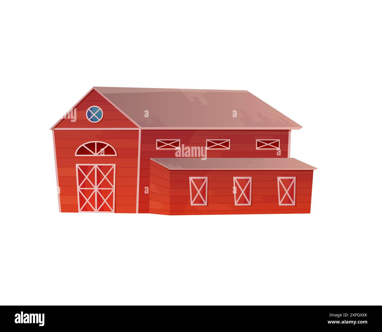 Grange rouge avec dépendance, bâtiment rural en bois avec fenêtres et illustration vectorielle de porte fermée Illustration de Vecteur