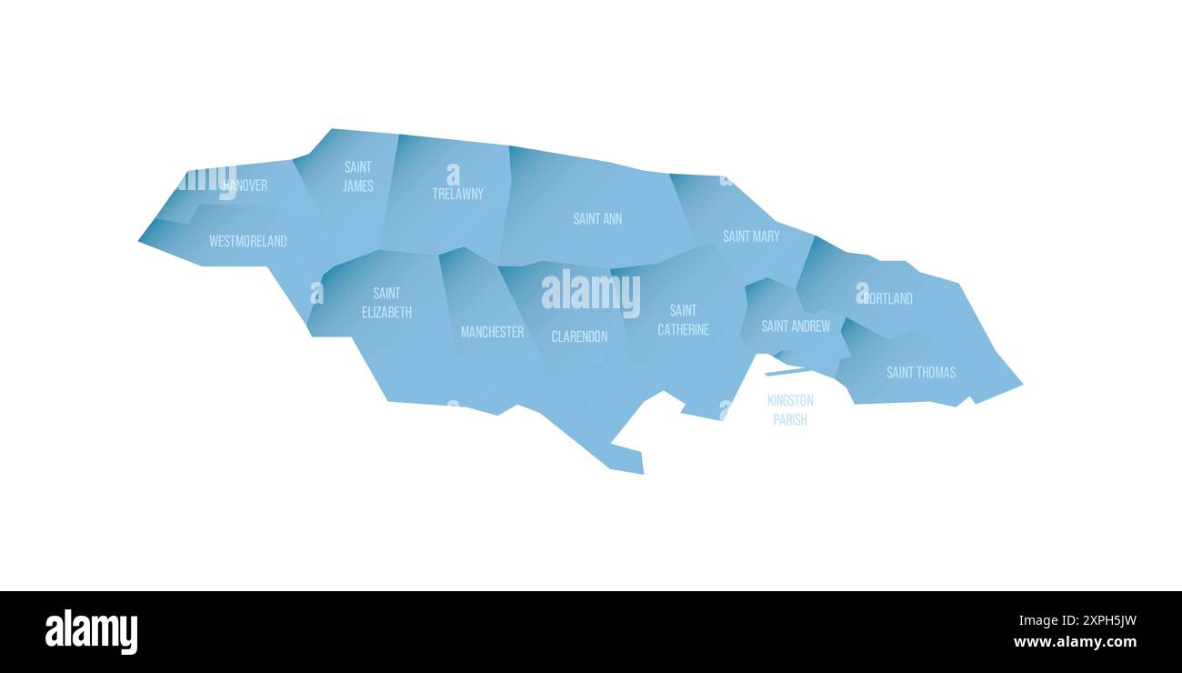 Jamaïque carte politique des divisions administratives - paroisses. Carte vectorielle ombrée avec dégradé bleu 3D et étiquettes de nom Illustration de Vecteur