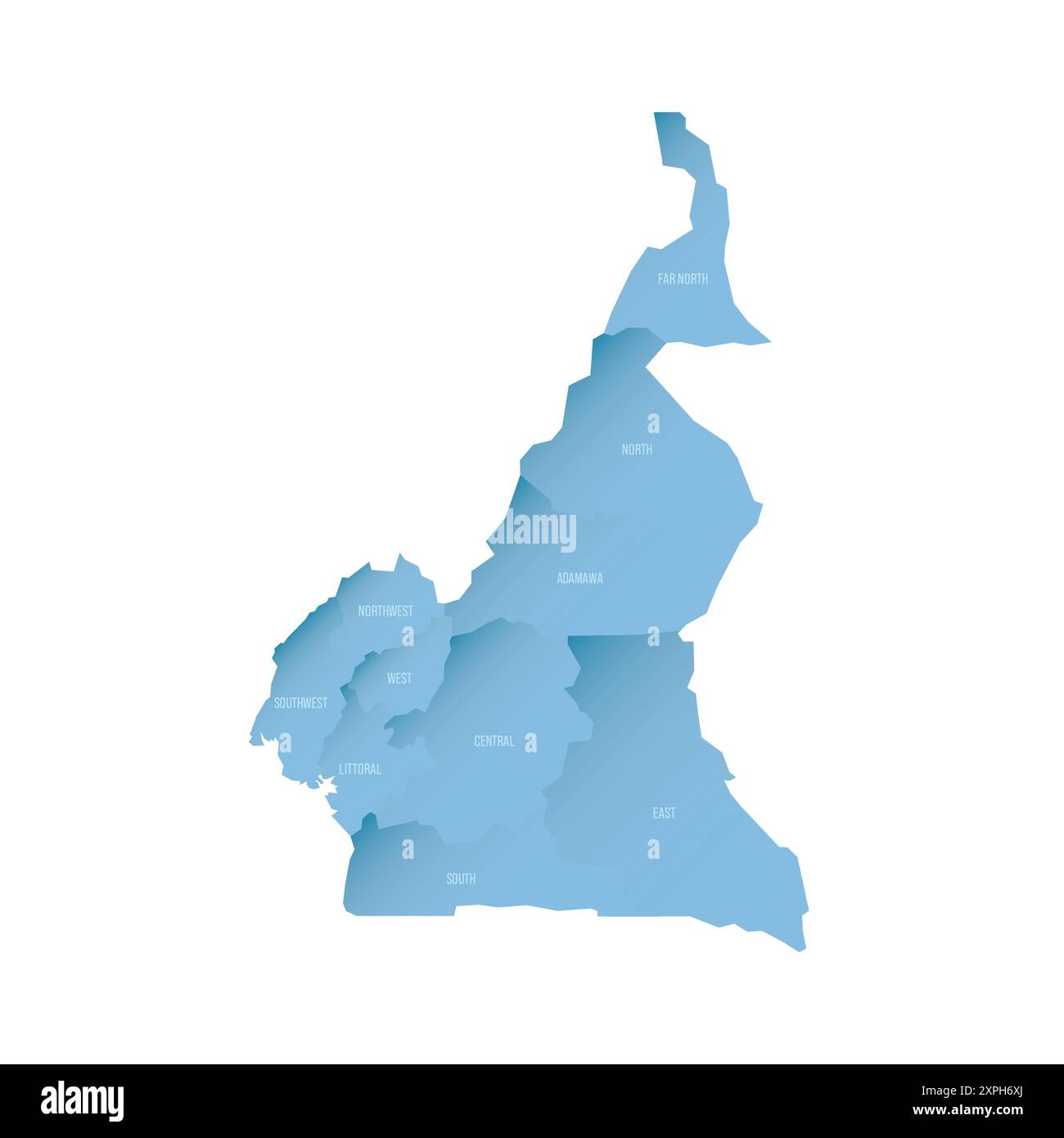 Cameroun carte politique des divisions administratives - régions. Carte vectorielle ombrée avec dégradé bleu 3D et étiquettes de nom Illustration de Vecteur