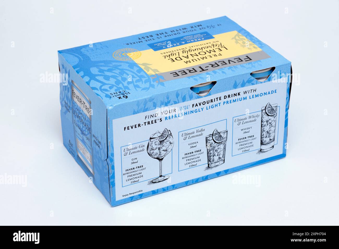Fever-Tree Refreshingly Light Premium Lemonade Mixer 6 x 150ml Pack de canettes sur fond blanc Banque D'Images