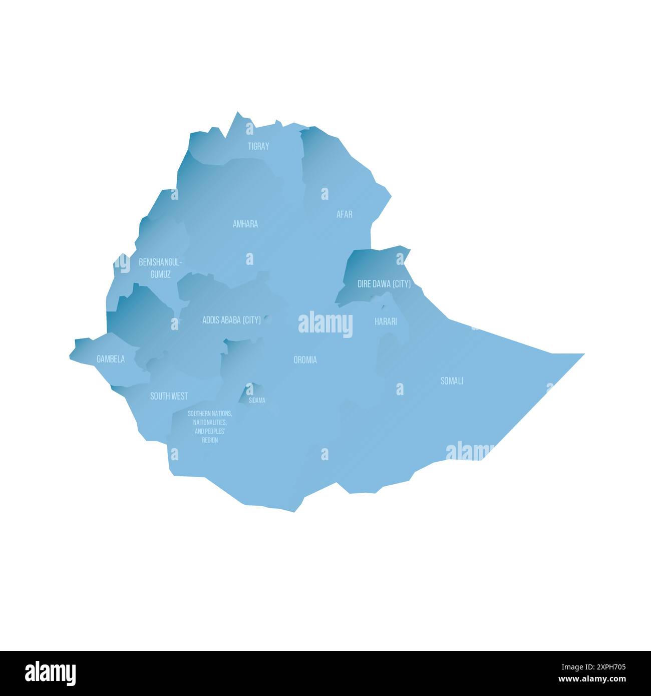 Ethiopie carte politique des divisions administratives - régions et villes à charte. Carte vectorielle ombrée avec dégradé bleu 3D et étiquettes de nom Illustration de Vecteur