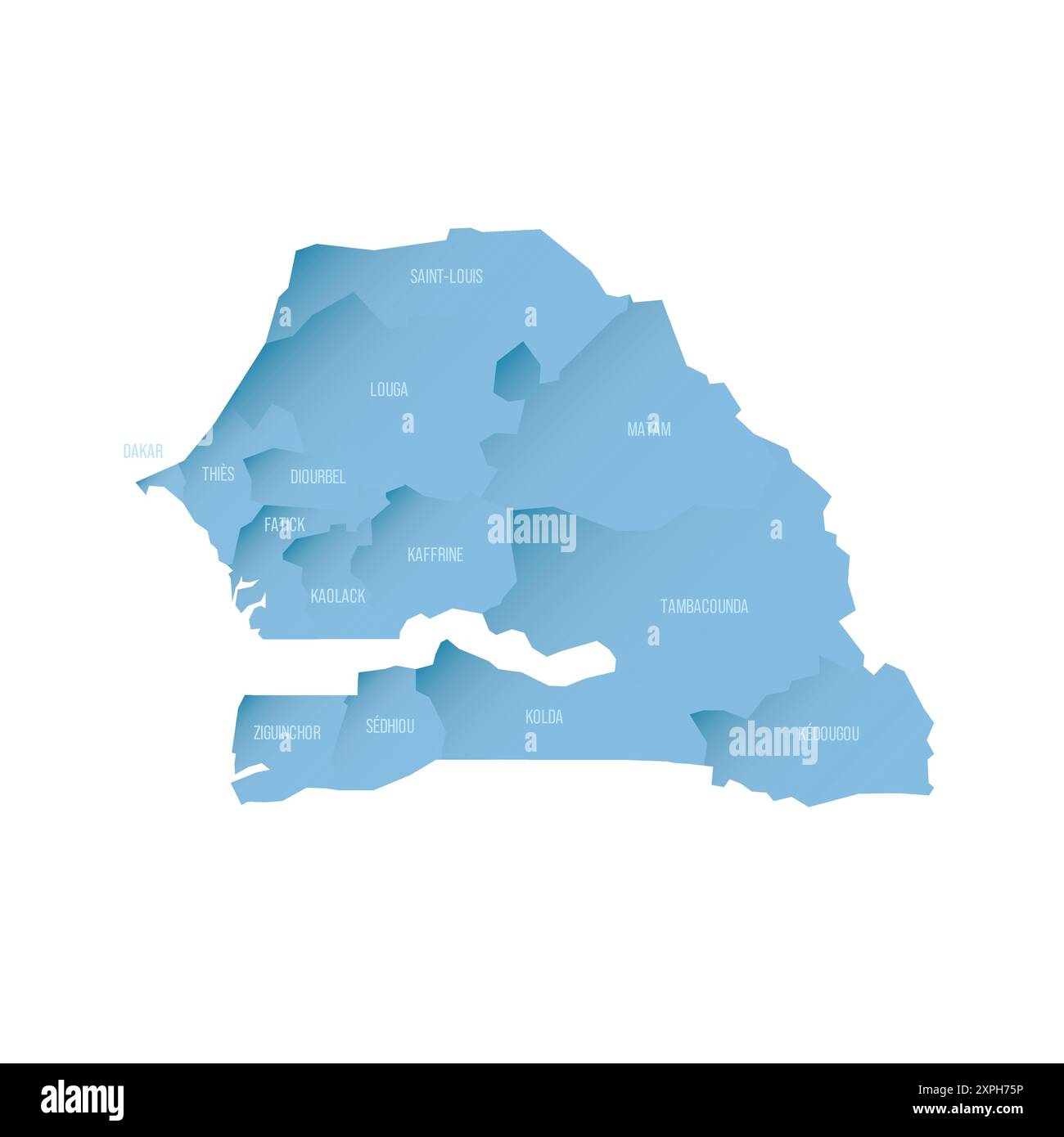 Sénégal carte politique des divisions administratives - régions. Carte vectorielle ombrée avec dégradé bleu 3D et étiquettes de nom Illustration de Vecteur