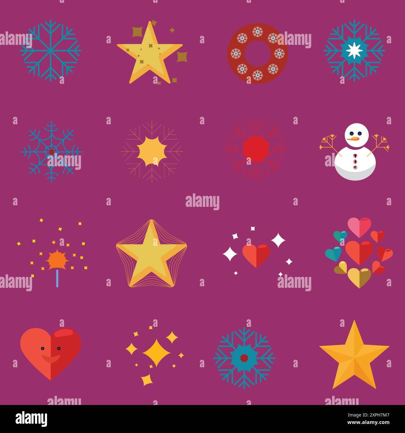 Ensemble d'icônes plates de Noël couleur mignonne. Éléments festifs. Illustration de Vecteur