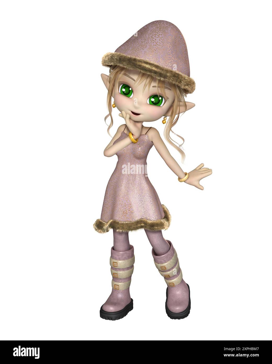 Mignon Toon Noël Elfe fille dans une robe rose et chapeau Banque D'Images