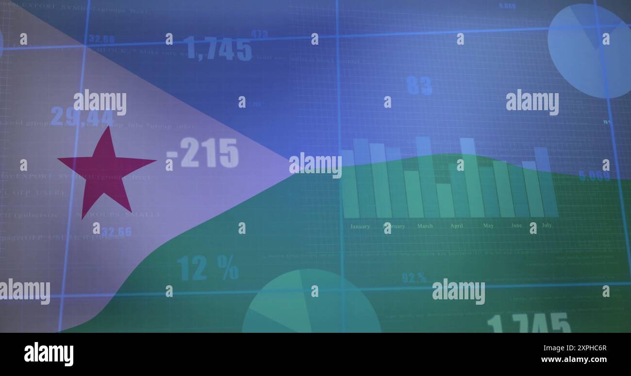 Graphiques et graphiques image au-dessus du drapeau de djibouti avec des étoiles et des lignes ondulées Banque D'Images