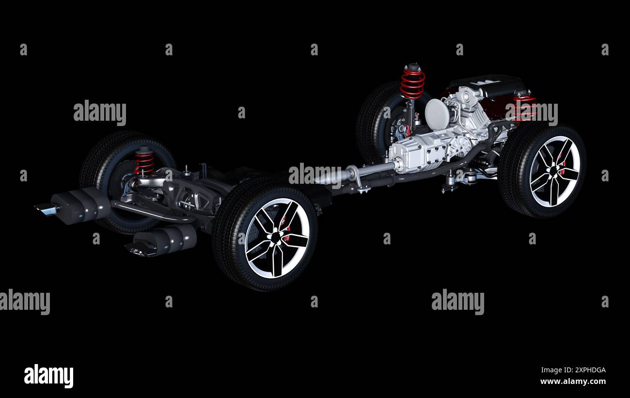 Illustration détaillée d'un châssis avec moteur sur fond neutre Banque D'Images