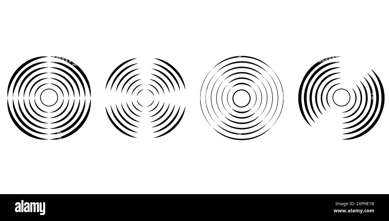 Ensemble d'icônes d'ondulation circulaire. Cercles concentriques avec lignes interrompues isolés sur fond blanc. Vortex, onde de sonar, onde sonore, onde solaire, signaux de signal Illustration de Vecteur