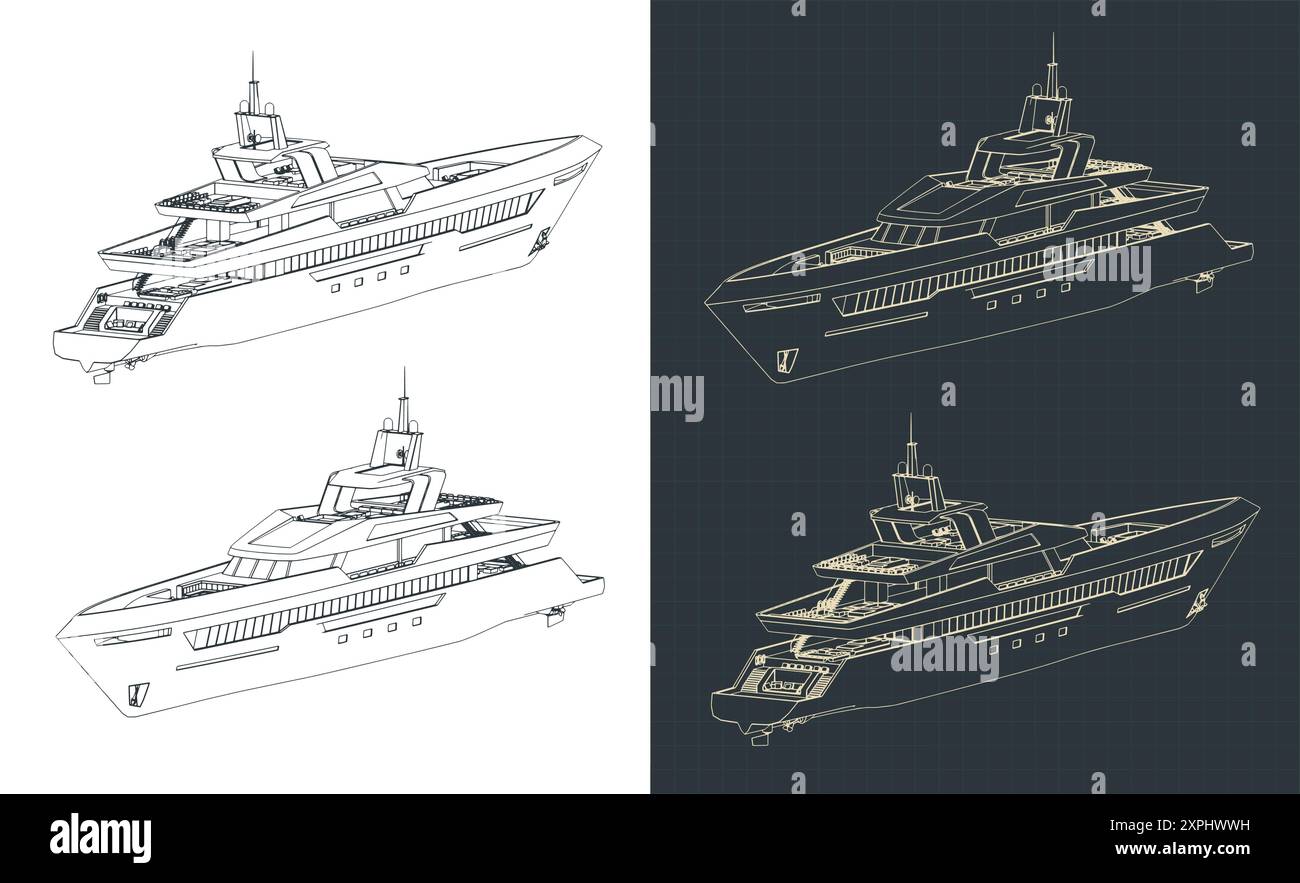 Illustrations vectorielles stylisées de plans isométriques de superyacht Illustration de Vecteur