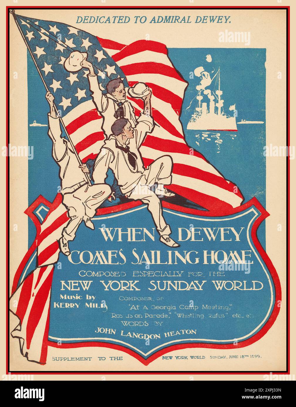 1899 chanson à l'éloge de l'amiral George Dewey. Imprimé comme supplément au New York World, dimanche 18 juin 1899. Paroles de John Langdon Heaton ; musique de Kerry Mills. Titre quand Dewey rentre à la maison titre alternatif, un grand petit homme vient au-dessus de la mer. Date 1899 George Dewey (26 décembre 1837 – 16 janvier 1917) était l'amiral de la Marine, la seule personne dans l'histoire des États-Unis à avoir atteint ce rang. Il est surtout connu pour sa victoire à la bataille de la baie de Manille pendant la guerre hispano-américaine, avec la perte d'un seul membre d'équipage du côté américain Banque D'Images