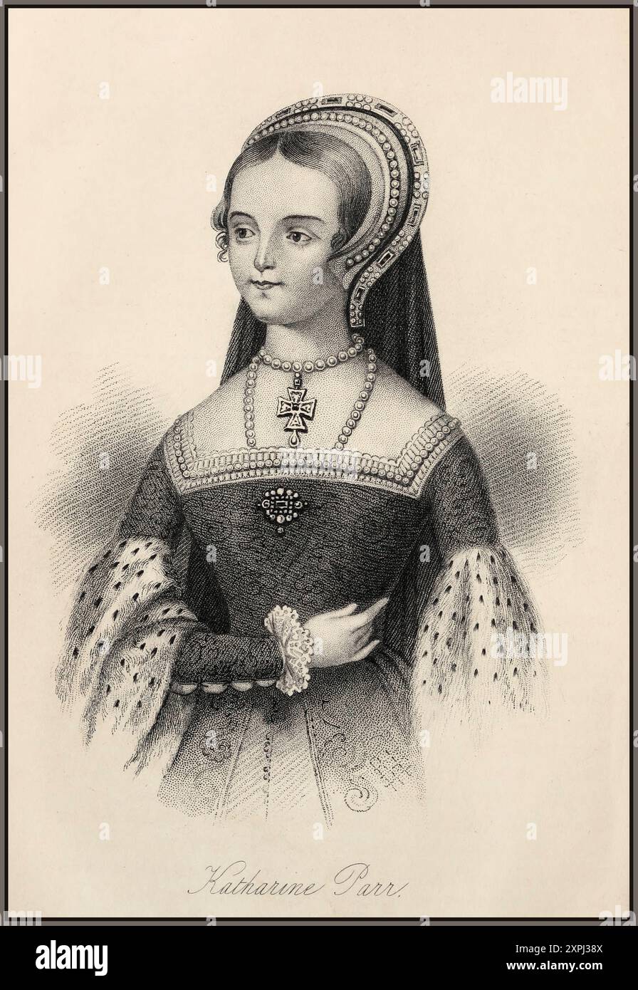 Catherine Parr B&W 1860's illustration portrait gravure 'Lives of Queens of England' Catherine Parr, 1512-1548, reine d'Angleterre et d'Irlande, la dernière épouse du roi Henri VIII Banque D'Images