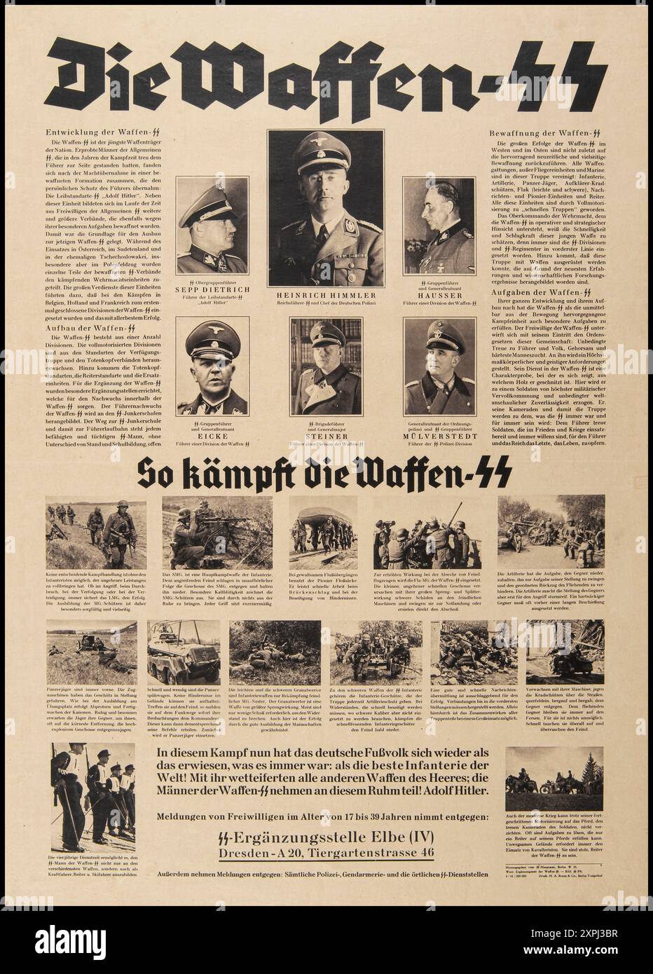 Publication/distribution de LA WAFFEN SS : «VOICI COMMENT LA WAFFEN SS COMBAT» affiche de recrutement allemande de 1941 pour la Waffen SS, avec des photographies d’officiers SS de haut rang et de soldats participant à leurs activités en temps de guerre. La Waffen SS était la division militaire armée de la Schutzstaffel (SS), l'organisation paramilitaire nazie qui était responsable de la sécurité, de la collecte et de l'analyse du renseignement, et de l'application des politiques raciales nazies. Les SS contrôlaient le système des camps de concentration et planifiaient et coordonnaient la solution finale. Banque D'Images