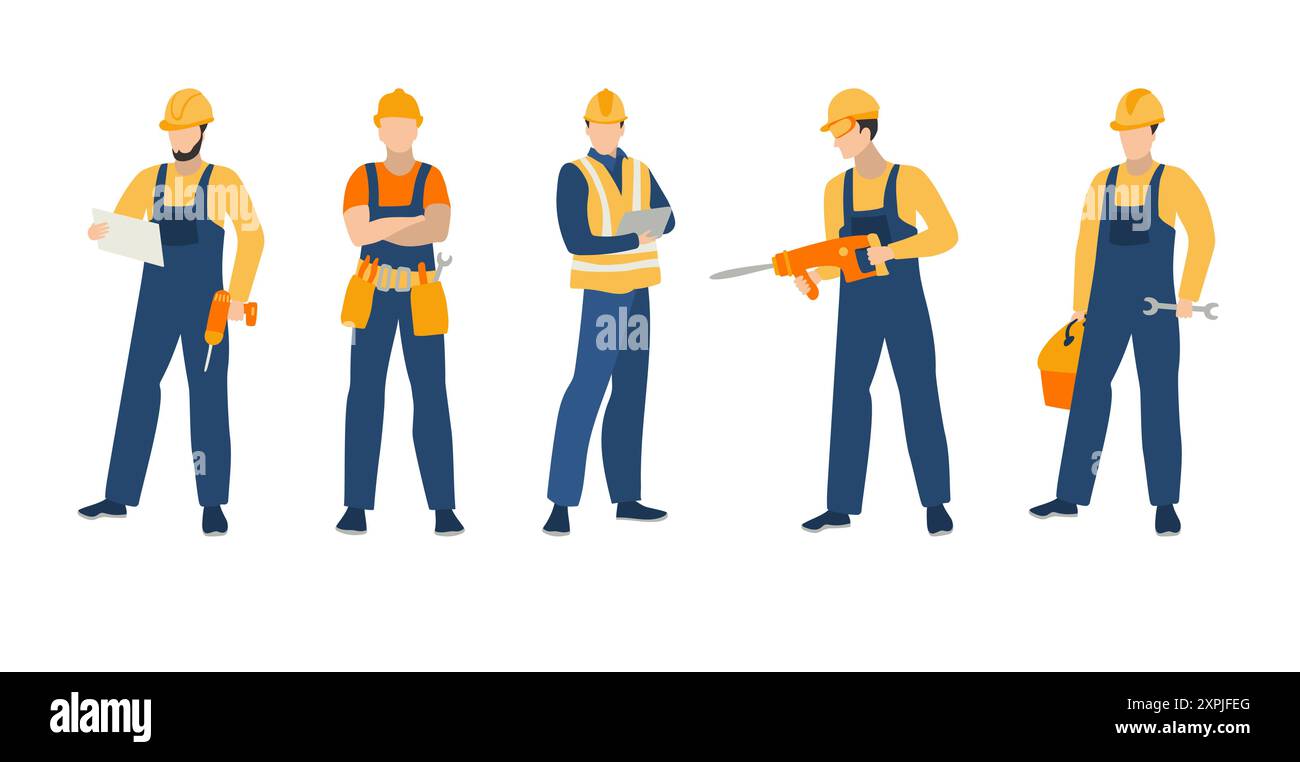 Ouvrier en construction, entrepreneur, ingénieur, architecte, constructeur. Ouvriers professionnels de l'entretien, de la rénovation et de la réparation de maisons Illustration de Vecteur