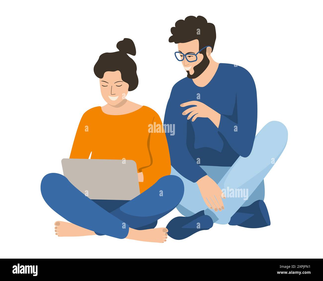 Deux étudiants sont assis sur l'herbe avec un ordinateur portable. Concept d'éducation Illustration de Vecteur