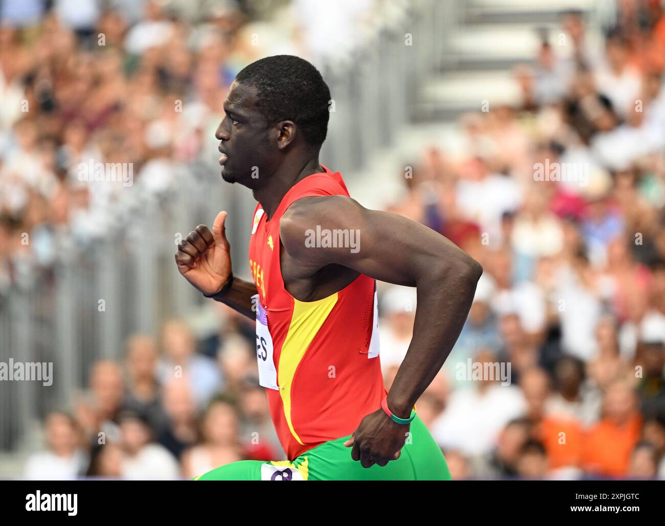 Paris, France. 6 août 2024. Kirani James de la Grenade participe à la demi-finale masculine du 400 m d'athlétisme aux Jeux Olympiques de Paris 2024 à Paris, France, le 6 août 2024. Crédit : Song Yanhua/Xinhua/Alamy Live News Banque D'Images