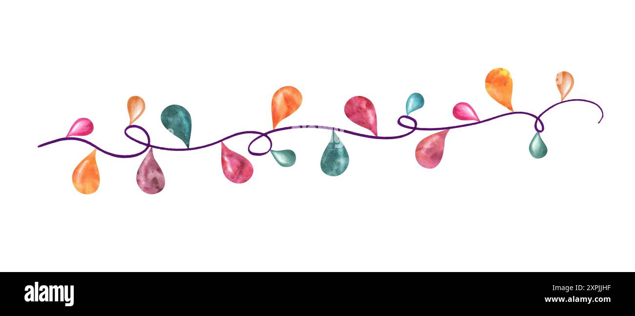 Guirlande lumineuse multicolore brillante. Lampes de vacances sous forme de gouttes. Ruban violet avec des ampoules. Illustration aquarelle. Banque D'Images