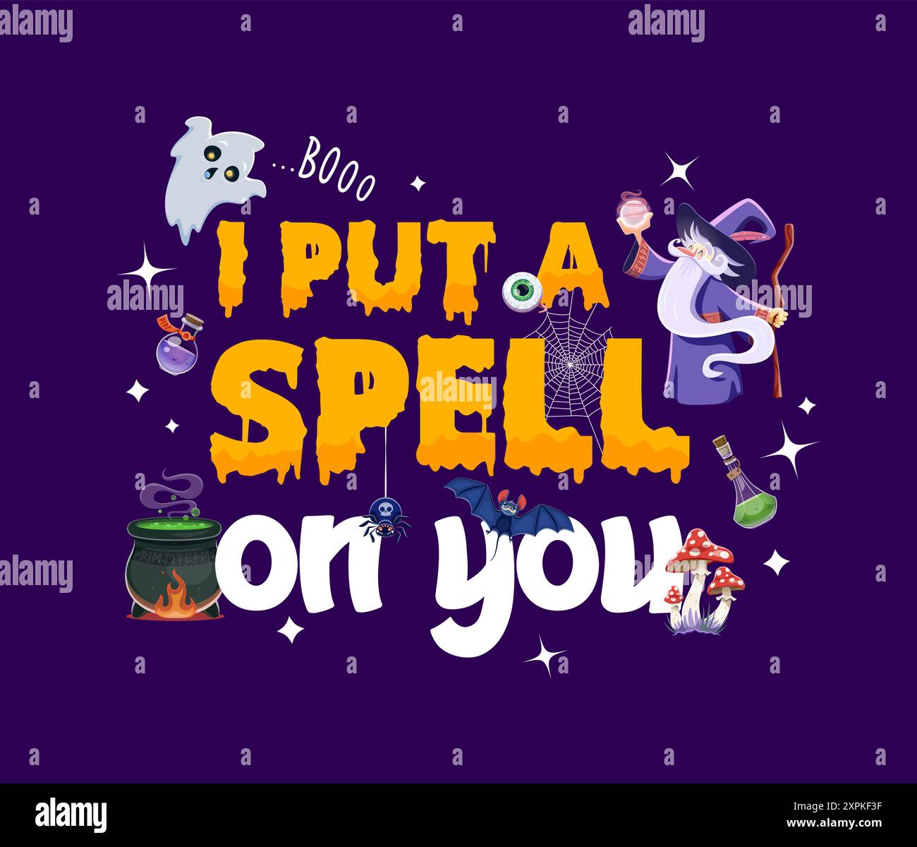 Citation d'Halloween, je te mets un sort. Expression envoûtante humoristique de vecteur avec fantôme drôle, sorcier, chaudron avec infusion, champignons amanita et bott de potion Illustration de Vecteur