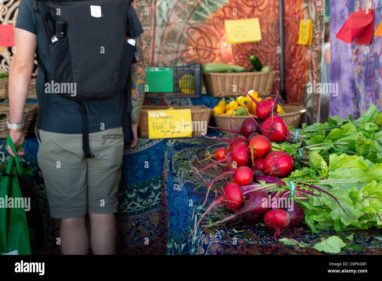 Botte de betteraves en stand avec personne au marché agricole de Trout Lake, en Colombie-Britannique Banque D'Images