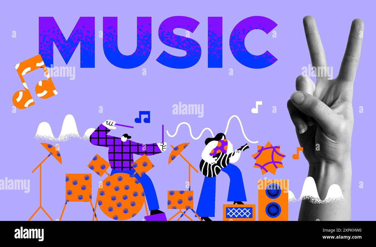 Concert de musique avec des musiciens jouant de la guitare et des instruments de batterie. Geste de la main humaine dans le style d'illustration de collage rétro. Design moderne pour fès Illustration de Vecteur