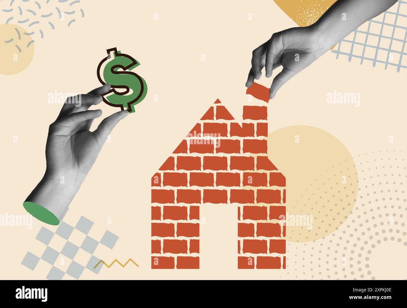 Prêt immobilier avec des mains humaines dans le rétro collage années 80 illustration vectorielle de médias mixtes. Construction de maison en brique dans la conception dessinée à la main. Concept pour ailette Illustration de Vecteur