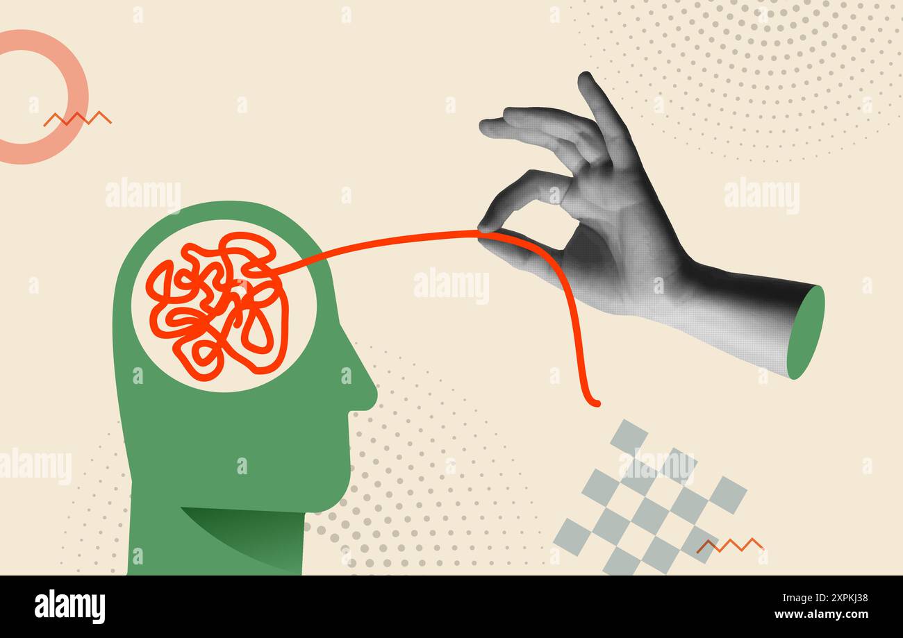 Concept de santé mentale avec la tête humaine, la ligne emmêlée et la main dans l'illustration vectorielle mixte de collage rétro des années 80. Idée de confusion, esprit chaotique, a Illustration de Vecteur