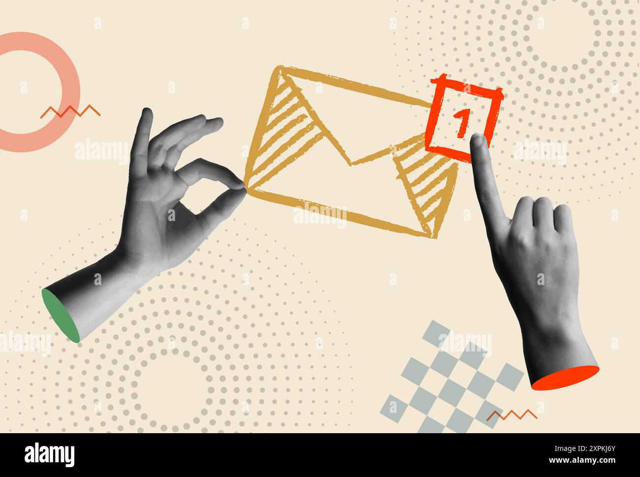 Notification de message de messagerie de la boîte de réception avec la main humaine dans l'illustration vectorielle mixte de collage rétro des années 80. Concept pour l'enveloppe de lettre en ligne, newsletter i Illustration de Vecteur