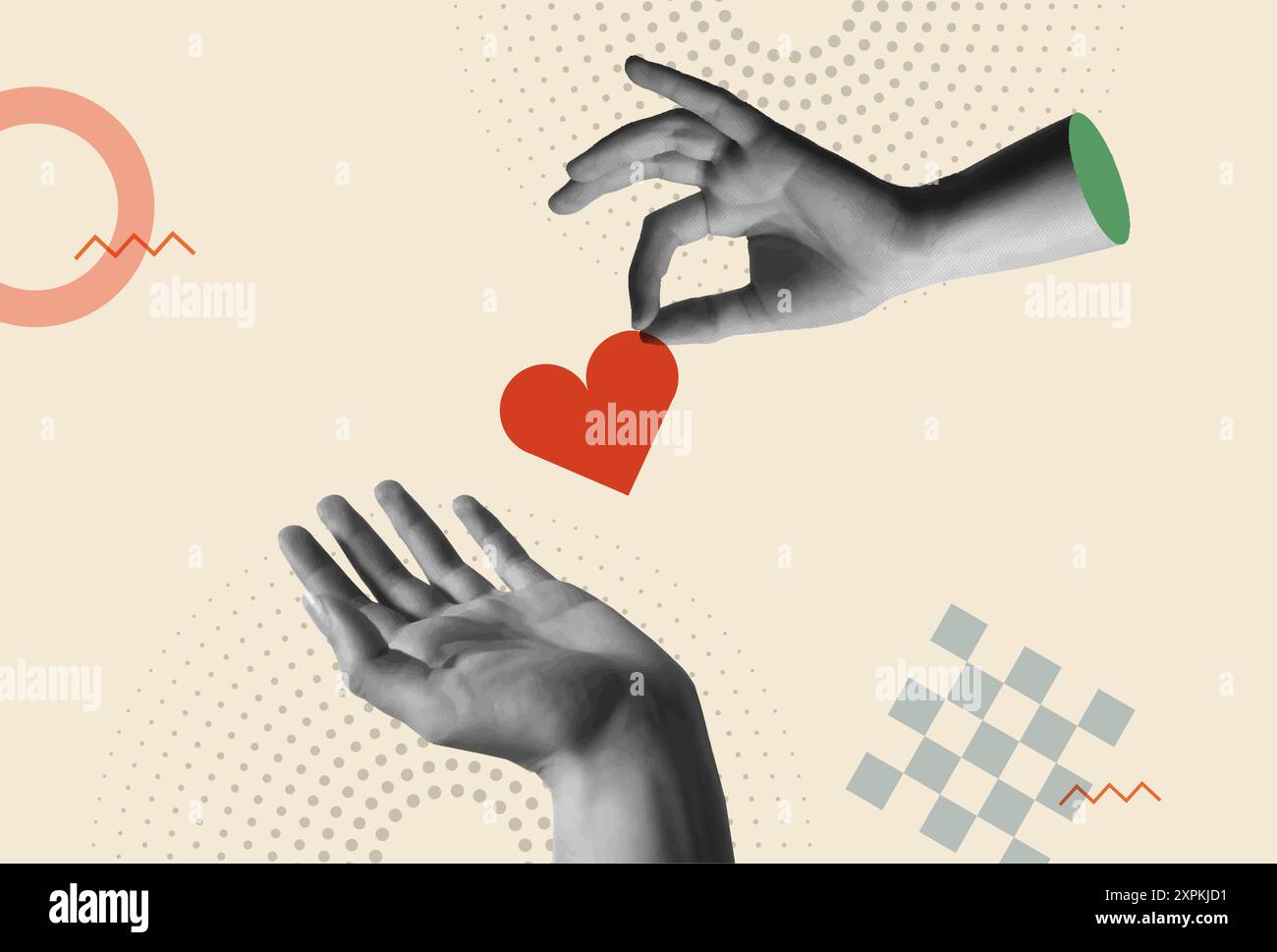 Main tenant le cœur rouge dans l'illustration vectorielle rétro de collage des années 80. Concept d'art contemporain pour partager l'amour, la Saint-Valentin, la charité soutenue et WOR Illustration de Vecteur