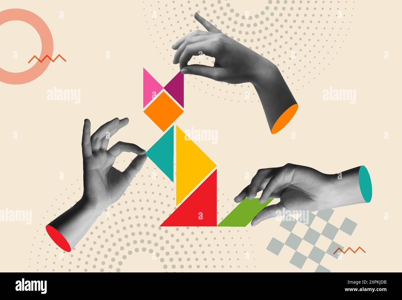 Les mains humaines jouent au puzzle tangram dans l'illustration vectorielle mixte de collage demi-ton rétro. Concept de travail d'équipe, partenariat, plaisir, jeu de cerveau, creativ Illustration de Vecteur