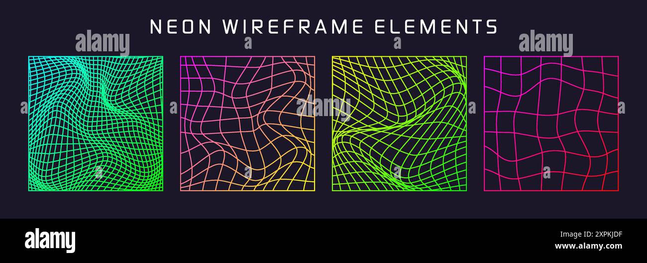 Formes filaires colorées, maillage de perspective ligné, grille 3D. Eléments géométriques poly bas. Éléments de design rétro futuriste, y2k, vaporwave et Illustration de Vecteur