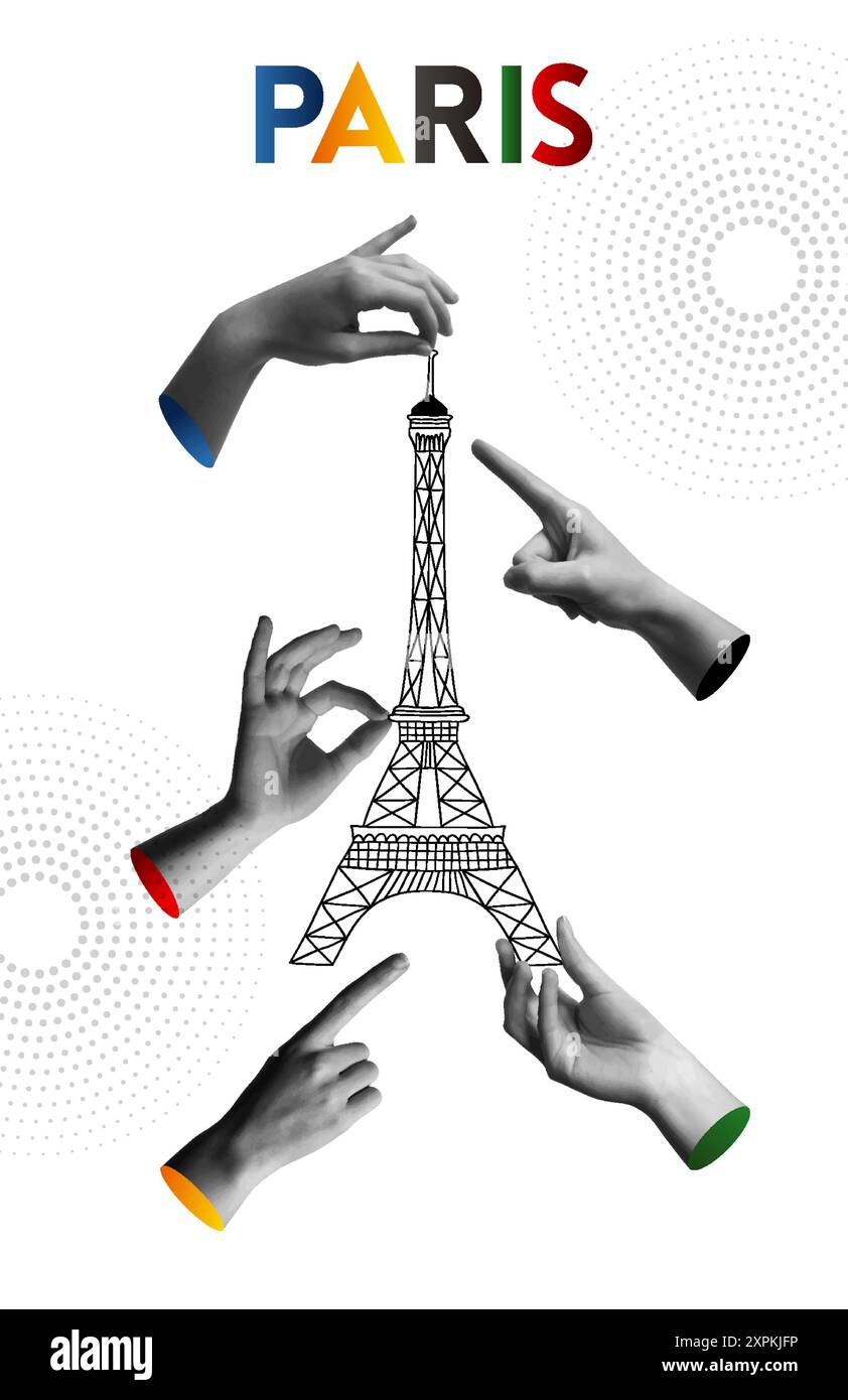 Les mains humaines tiennent la tour Eiffel dans le collage demi-ton rétro illustration vectorielle de médias mixtes. Concept pour Paris 2024, Jeux Olympiques, travail d’équipe, ensemble Illustration de Vecteur