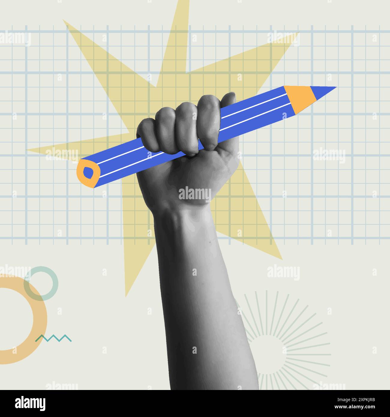 Poing soulevé à la main humaine avec un crayon dans l'illustration vectorielle de médias mixtes de collage rétro. Concept pour la révolution de l'éducation, l'alphabétisation, l'apprentissage et le sch élevé Illustration de Vecteur