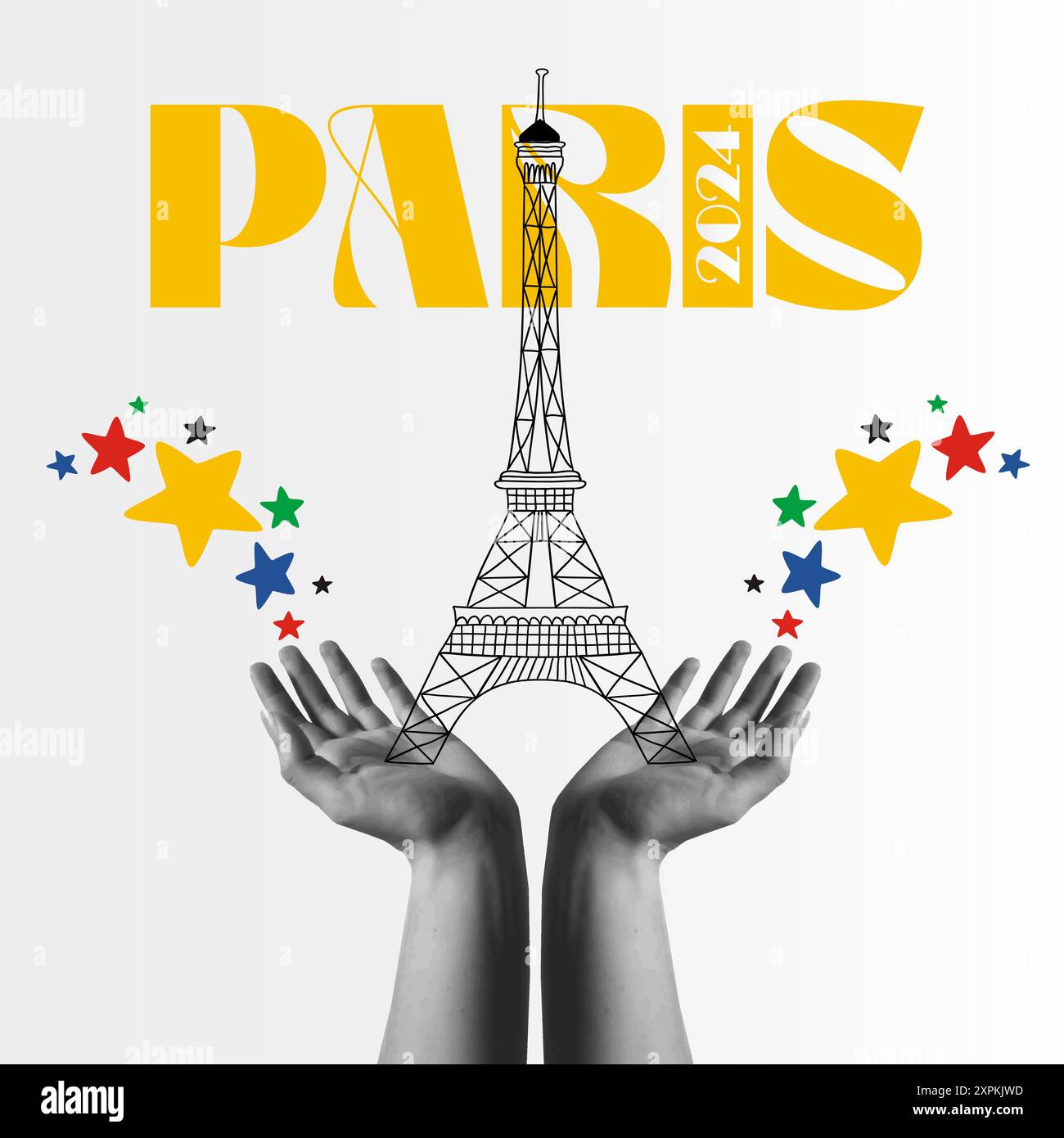 Les mains humaines tiennent la tour Eiffel dans le collage demi-ton rétro illustration vectorielle de médias mixtes. Concept pour Paris 2024, Jeux Olympiques, voyages en europe et Illustration de Vecteur