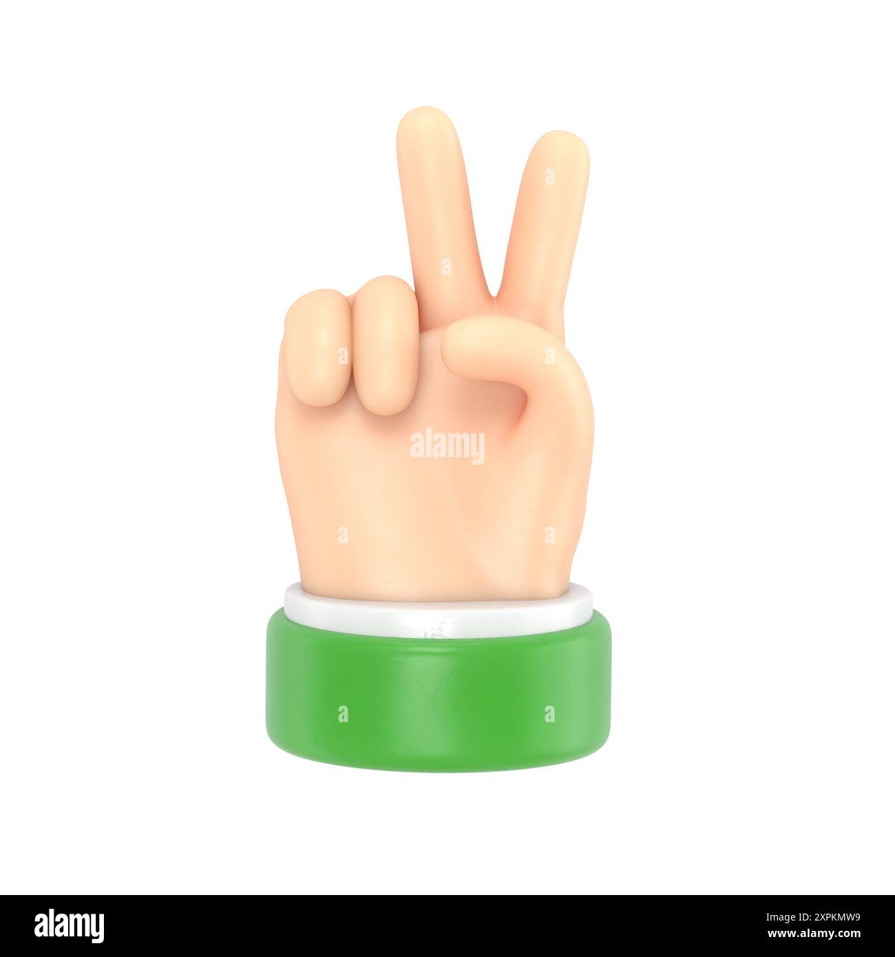 Maquette d'icône de geste de dessin animé. Icône sociale à deux doigts. Geste de victoire de la main de personnage de dessin animé. Rendu 3D sur fond blanc. Banque D'Images