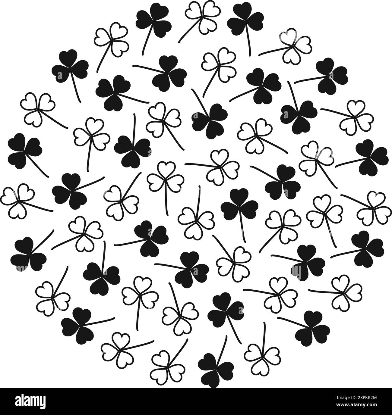 Feuilles de trèfle noir et blanc en forme de cercle. Abstarct fond rond monochrome Shamrocks. Isolé. Vector cartes de voeux, affiche, bannière, brochure, prix, label ou web, concept de design promo Illustration de Vecteur